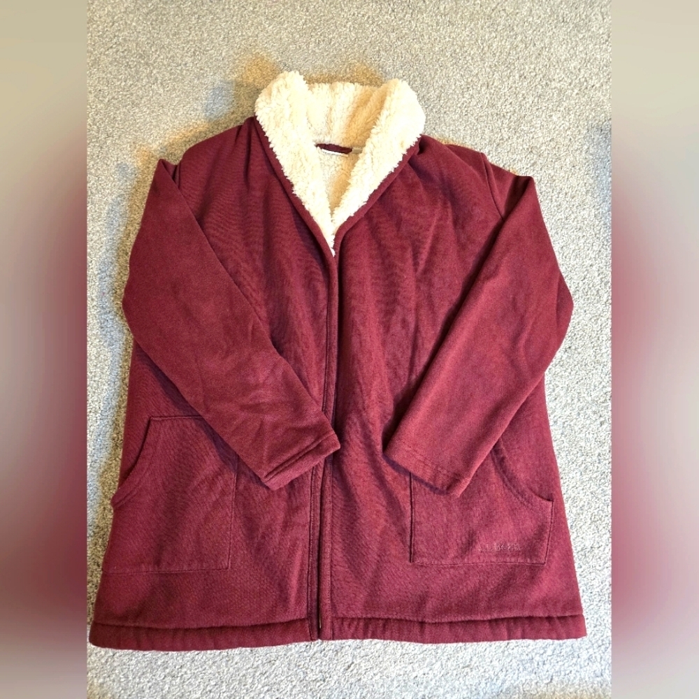 L.L. Bean Sherpa Lined Deep Wine Small Petite Fall Cozy Open Front Cardigan